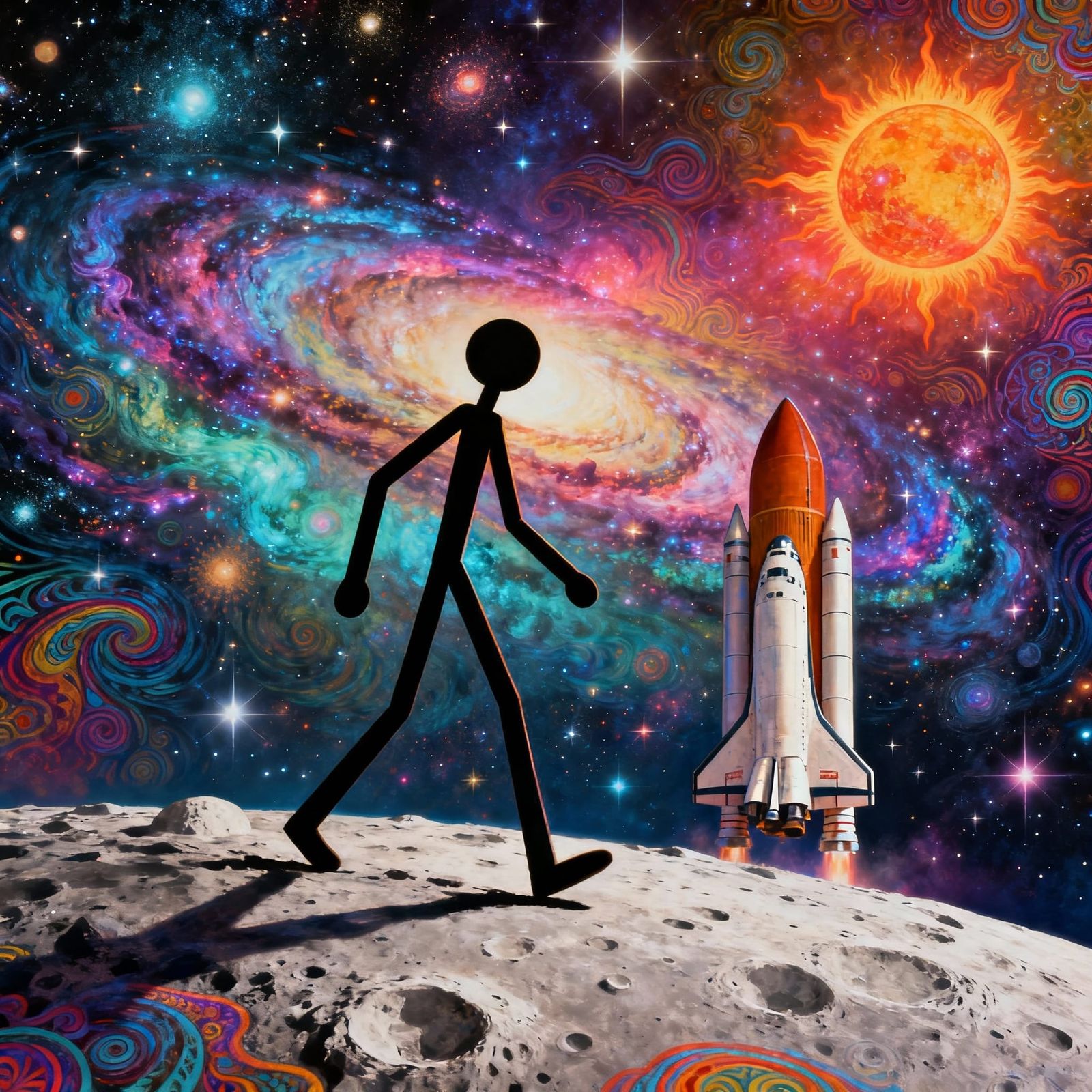 Giant Stickman on Moon Near 1940s Rocket in Cosmic Style