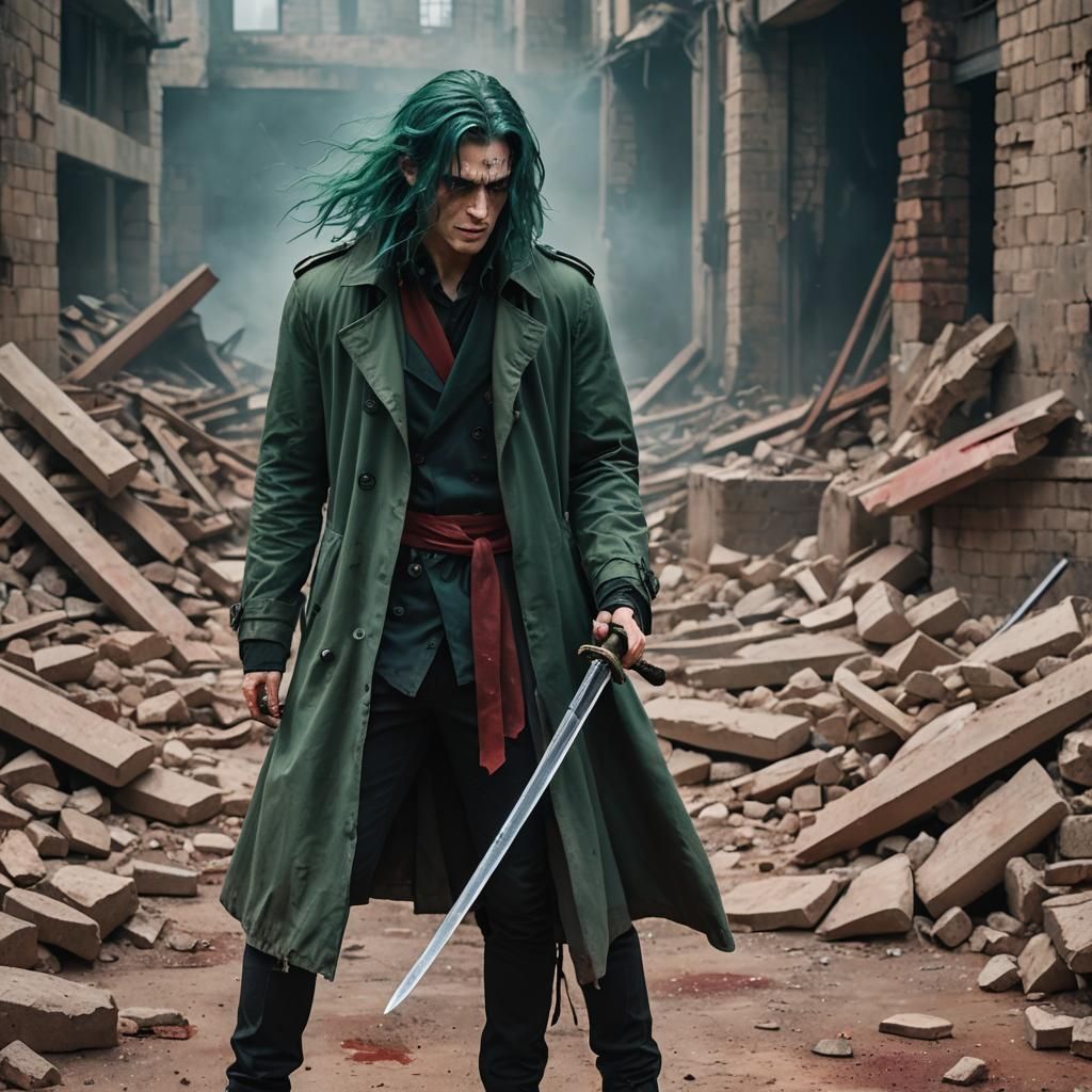 Furious Swordsman in Ominous Horror Landscape