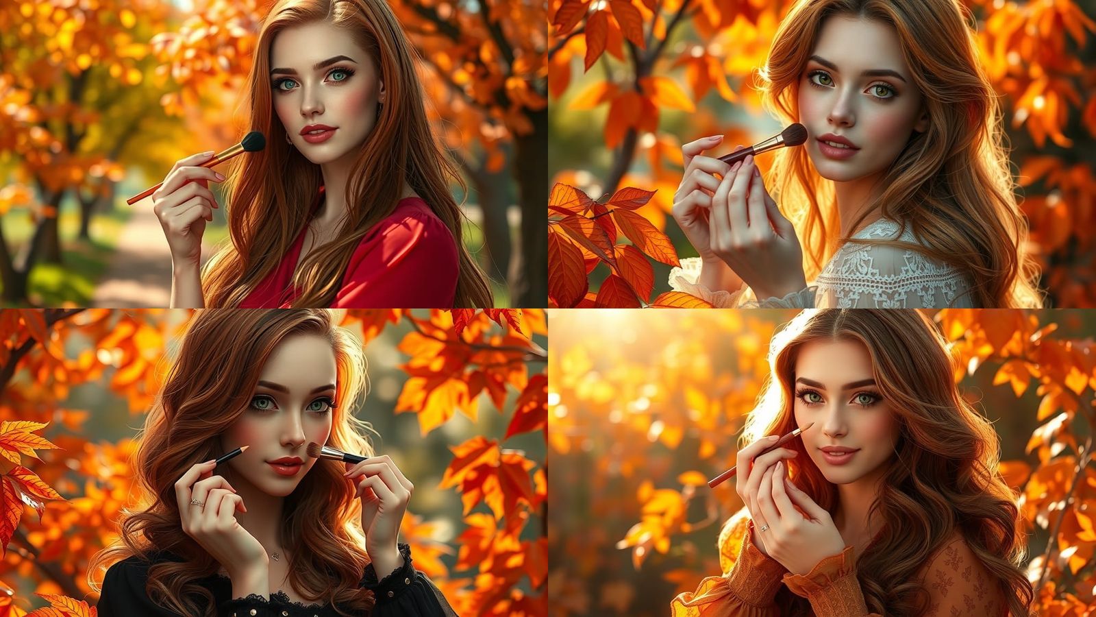 Autumn Beauty: Woman in Forest Applying Makeup