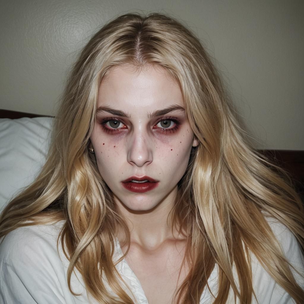 Blond Vampire Girl in Bed Looks Annoyed