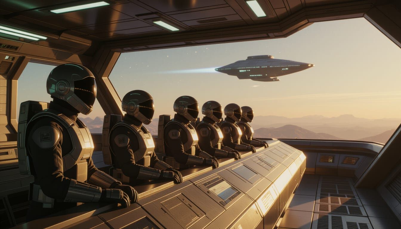 Starship Explorers Prepare for Launch in Film Style