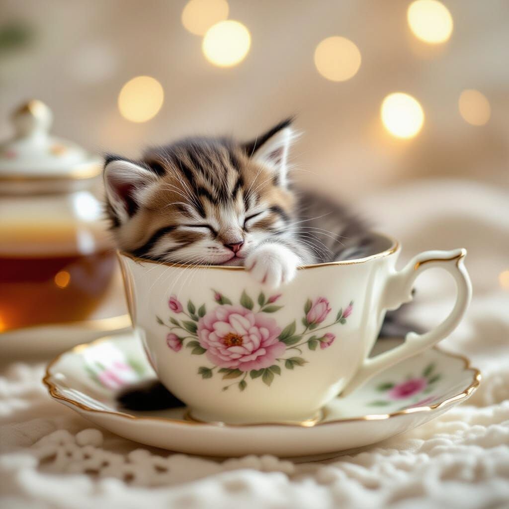 Adorable Kitten Sleeps in Floral Teacup with Gentle Steam