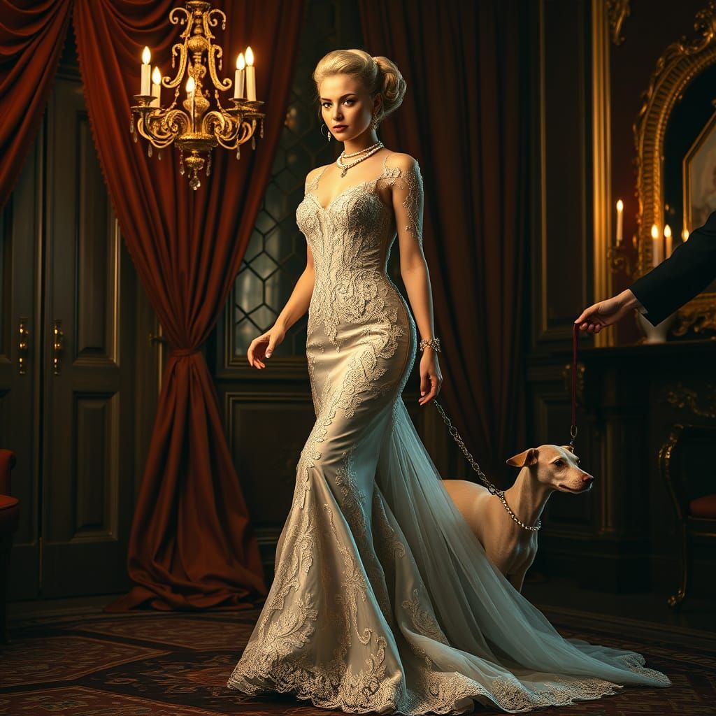 Elegantly Dressed Victorian Woman on a Luxurious Leash