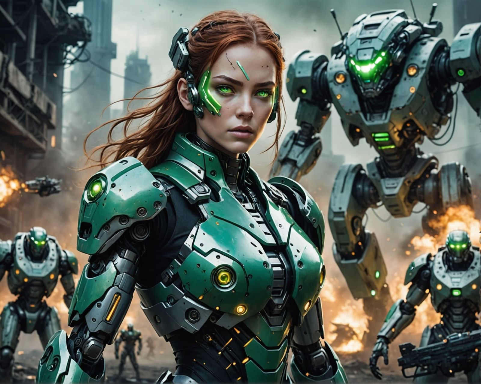 Anime Cyborg Warrior Fighting Robots in Apocalyptic War