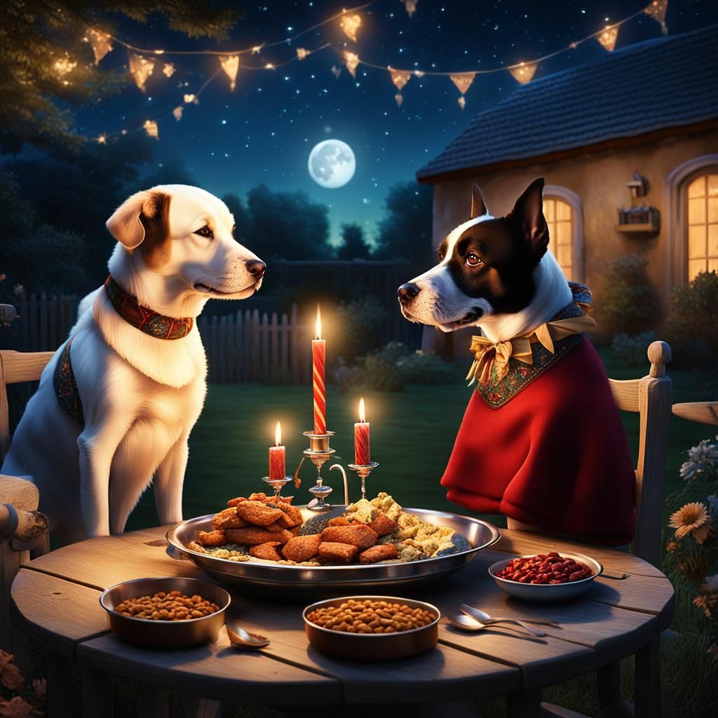 Dogs Share Candlelit Dinner Under the Stars