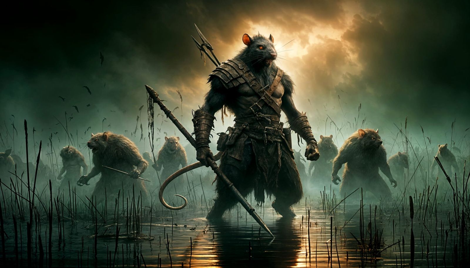 Fierce Rat Warrior in Eerie Marsh at Dusk