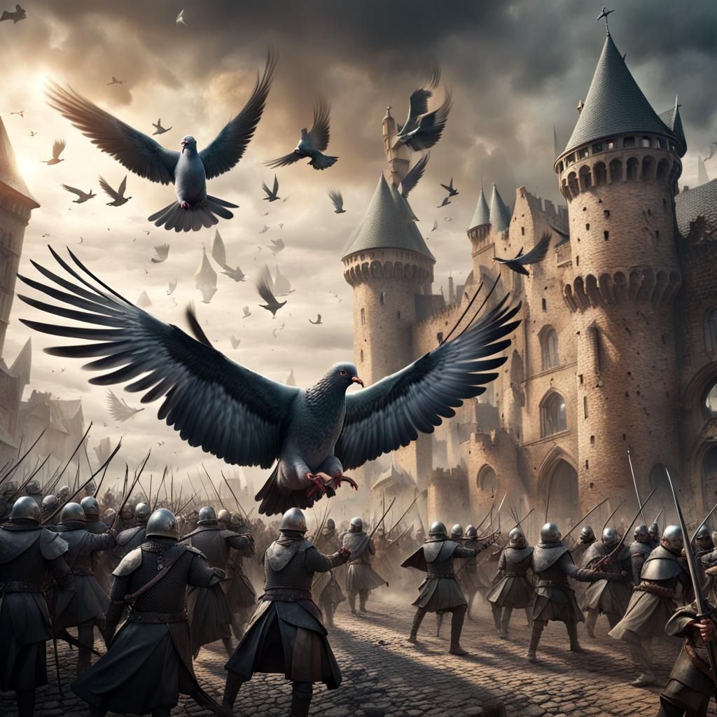 Giant Pigeon Attacks Medieval Army: Digital Matte Painting
