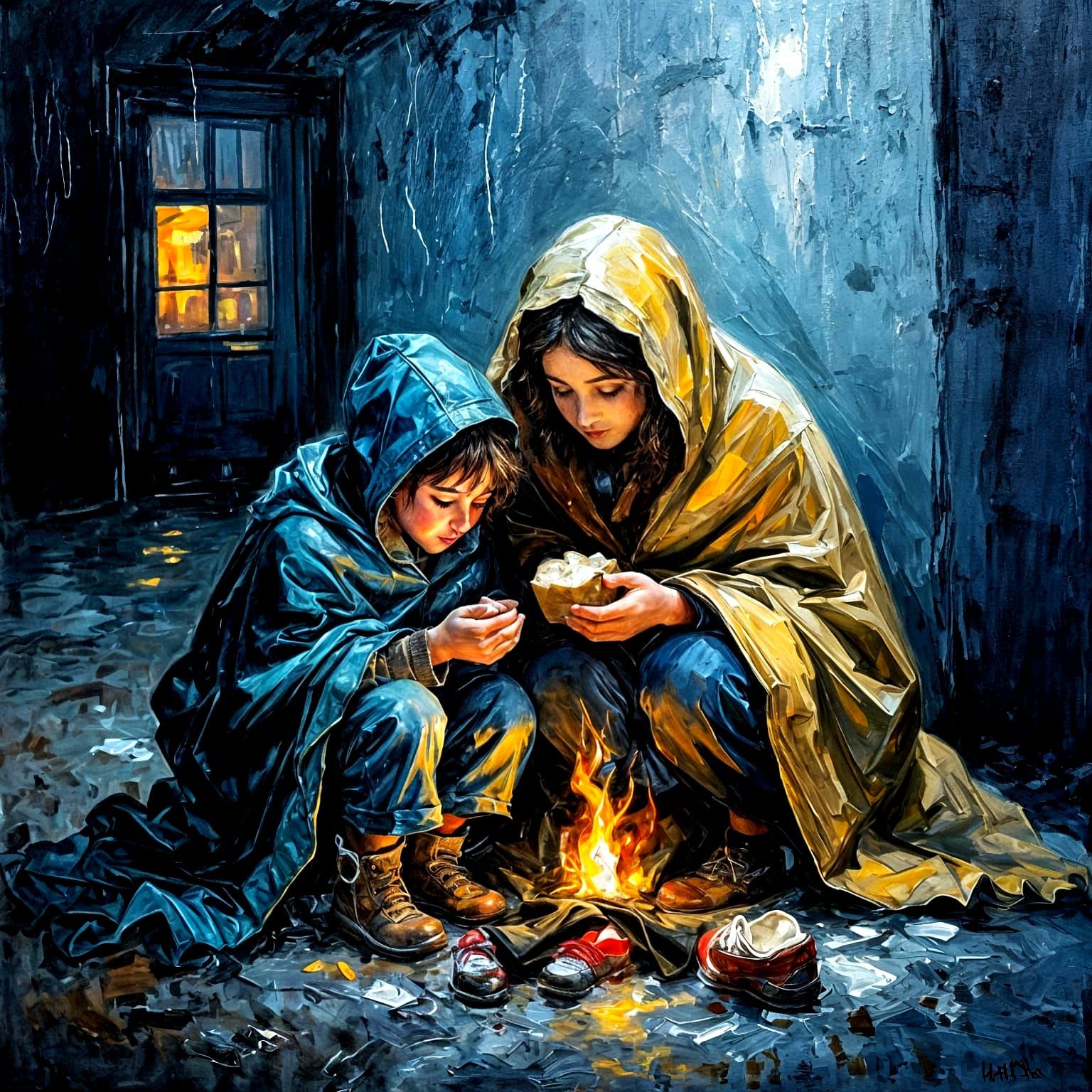 Impasto Painting of Mother and Child in Deserted Warehouse