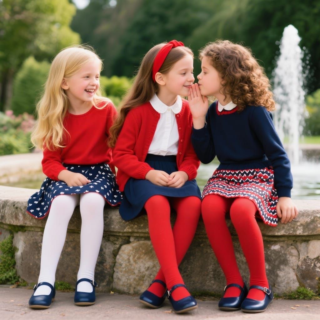 Three Young Girls on a Stone Ledge in Candid Photograph