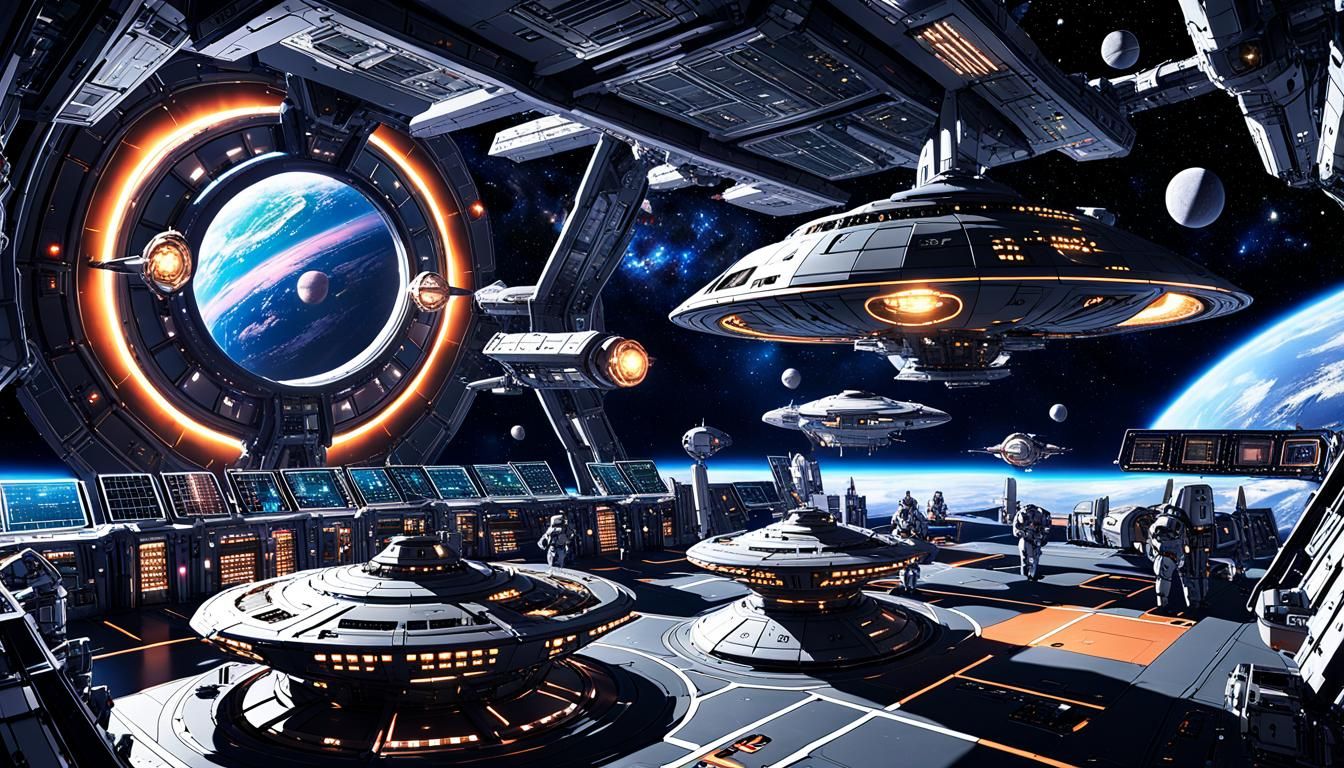 Bustling Spaceship Repair Station in Anime Style