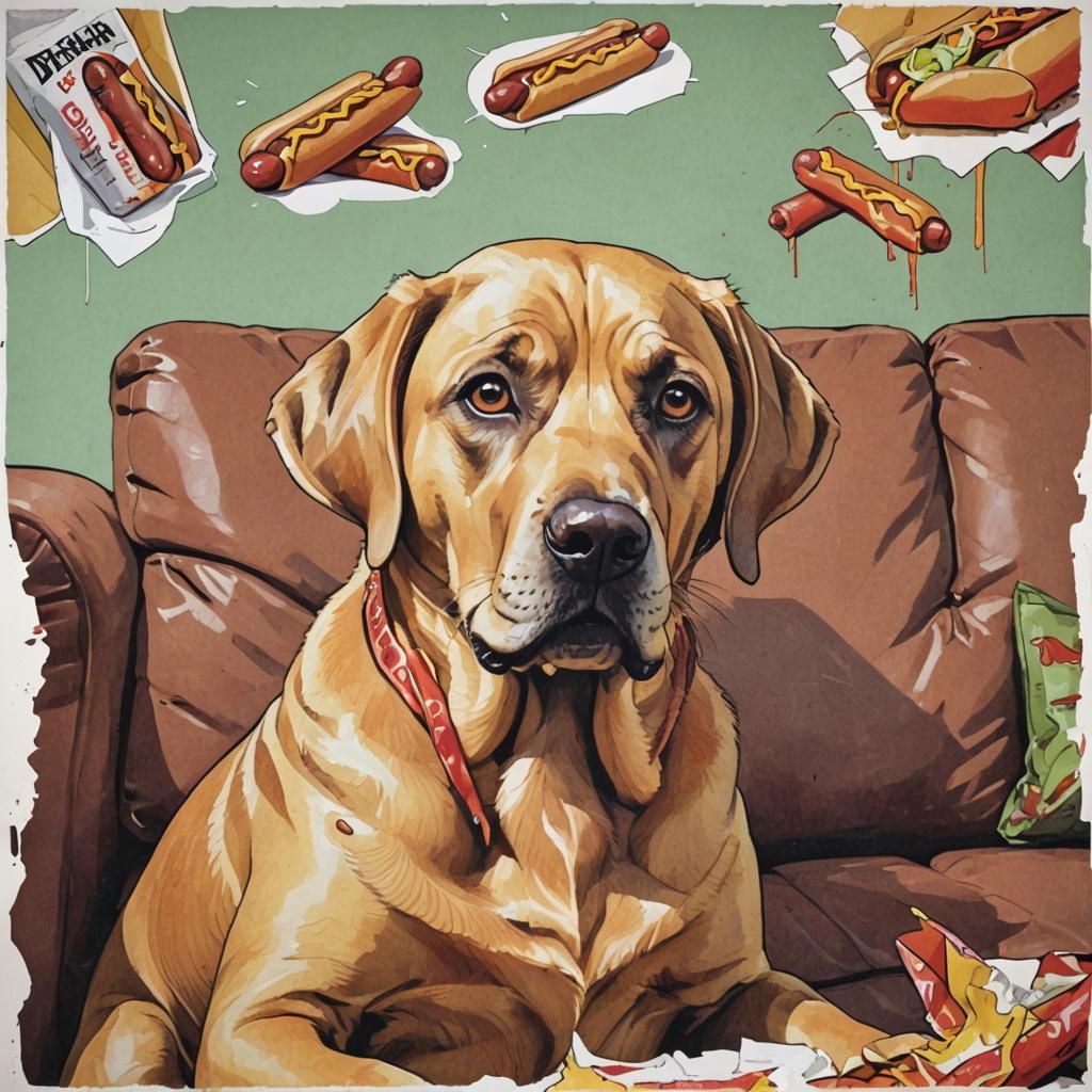 Comical Labrador with Hot Dog Wrapper: Comic Strip Art