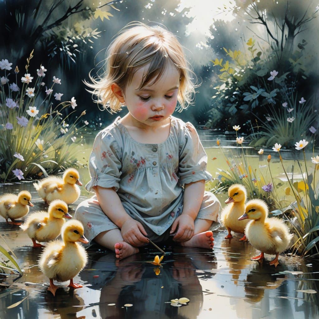 Whimsical Watercolour of Baby Playing with Ducklings