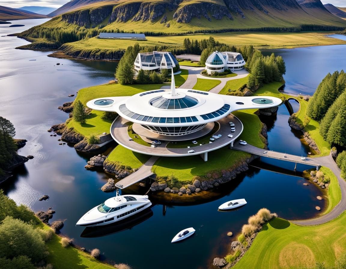 beautiful Scottish highland surrounded by water with a magnificent elevated Jetsons atomic space age hotel, sailboat, ca...
