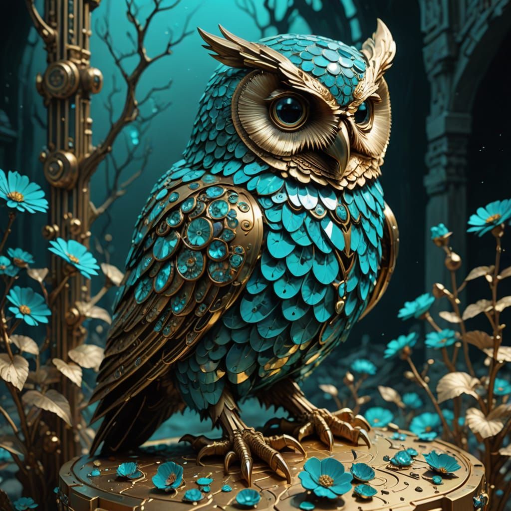 Steampunk Owl in Resplendent Brass and Turquoise