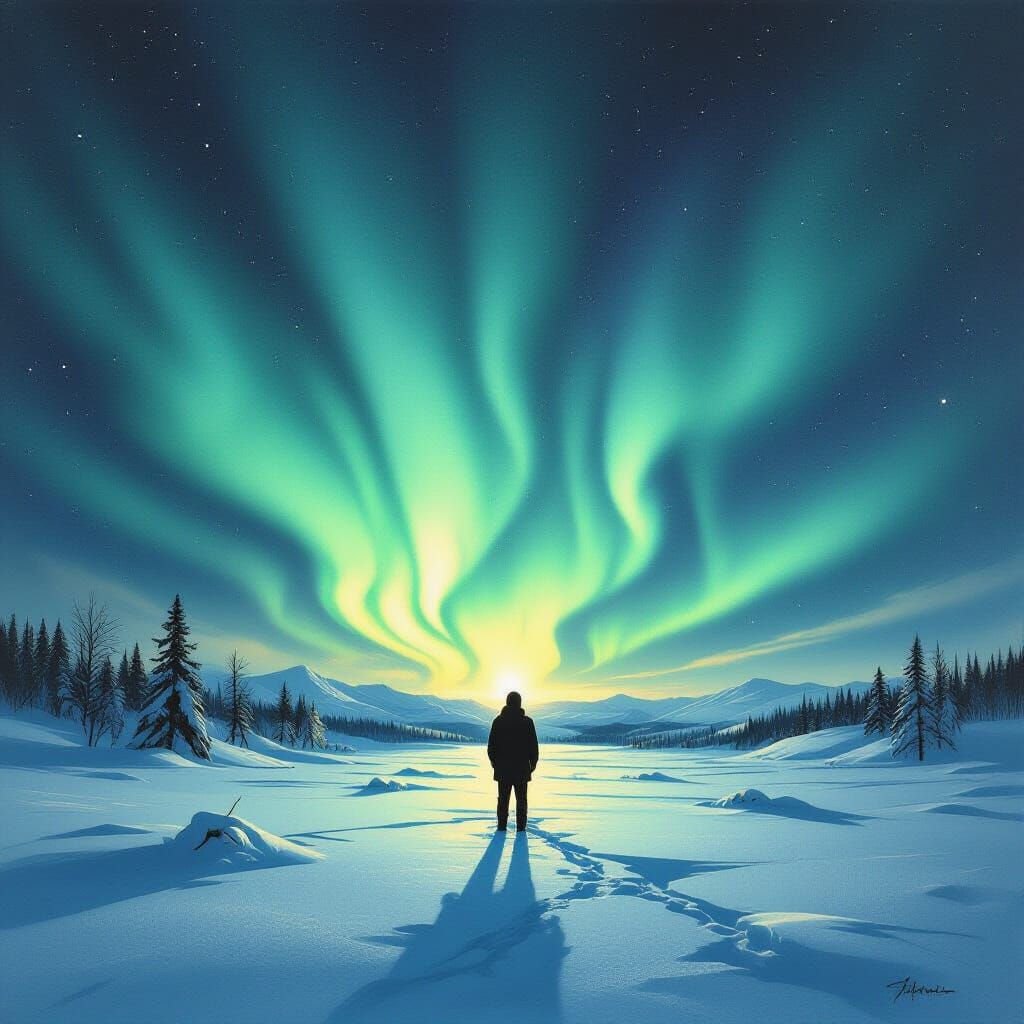 Aurora Borealis and Human Shadow Charcoal Drawing