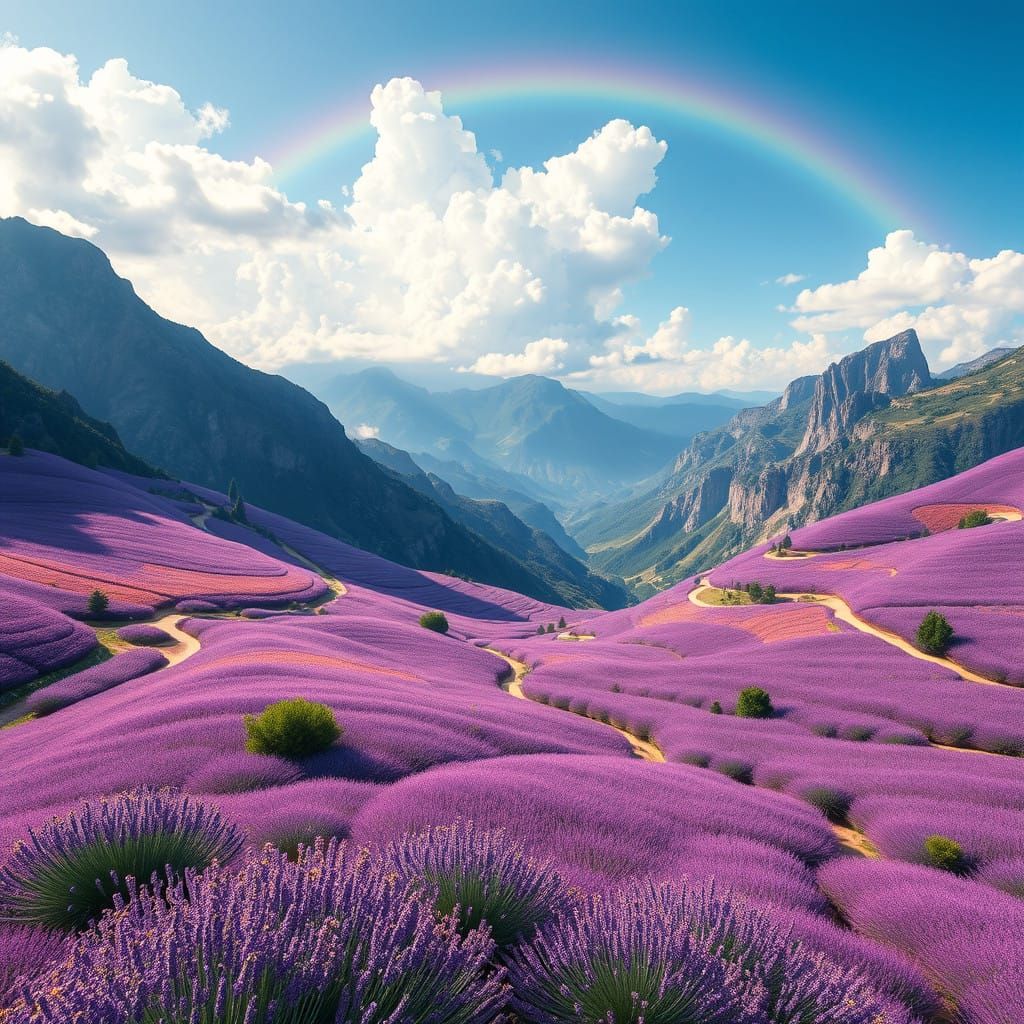 Dreamy Lavender Landscape in Gouache Style