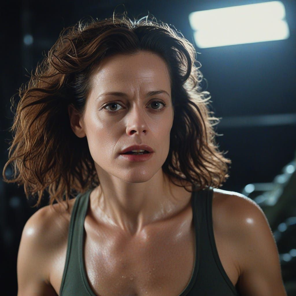 Sigourney Weaver Wet Hair Portrait in Alien Style