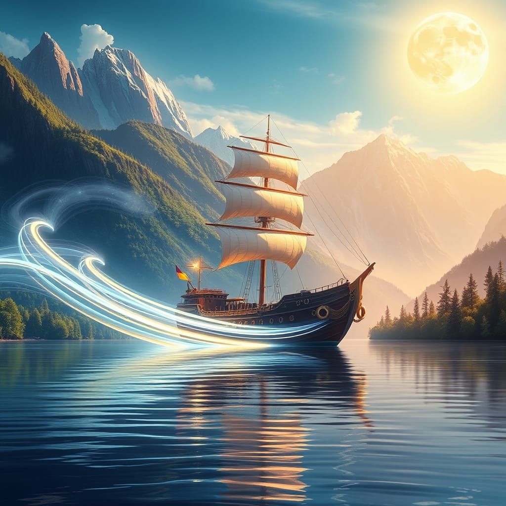airbrush painting of a radiant beautiful a big ship sailing in a calm sea, crafted entirely from streaks of glowing ligh...