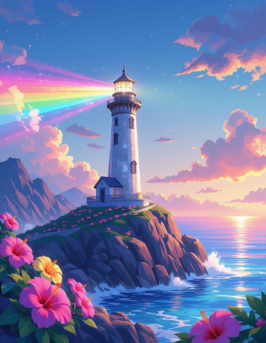 Crystal Lighthouse with Rainbow Flowers in Anime Style