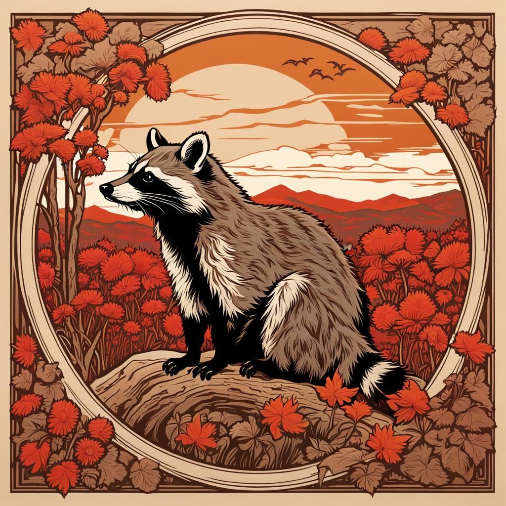 Art Nouveau Woodcut: Raccoon with Vermont Skyline