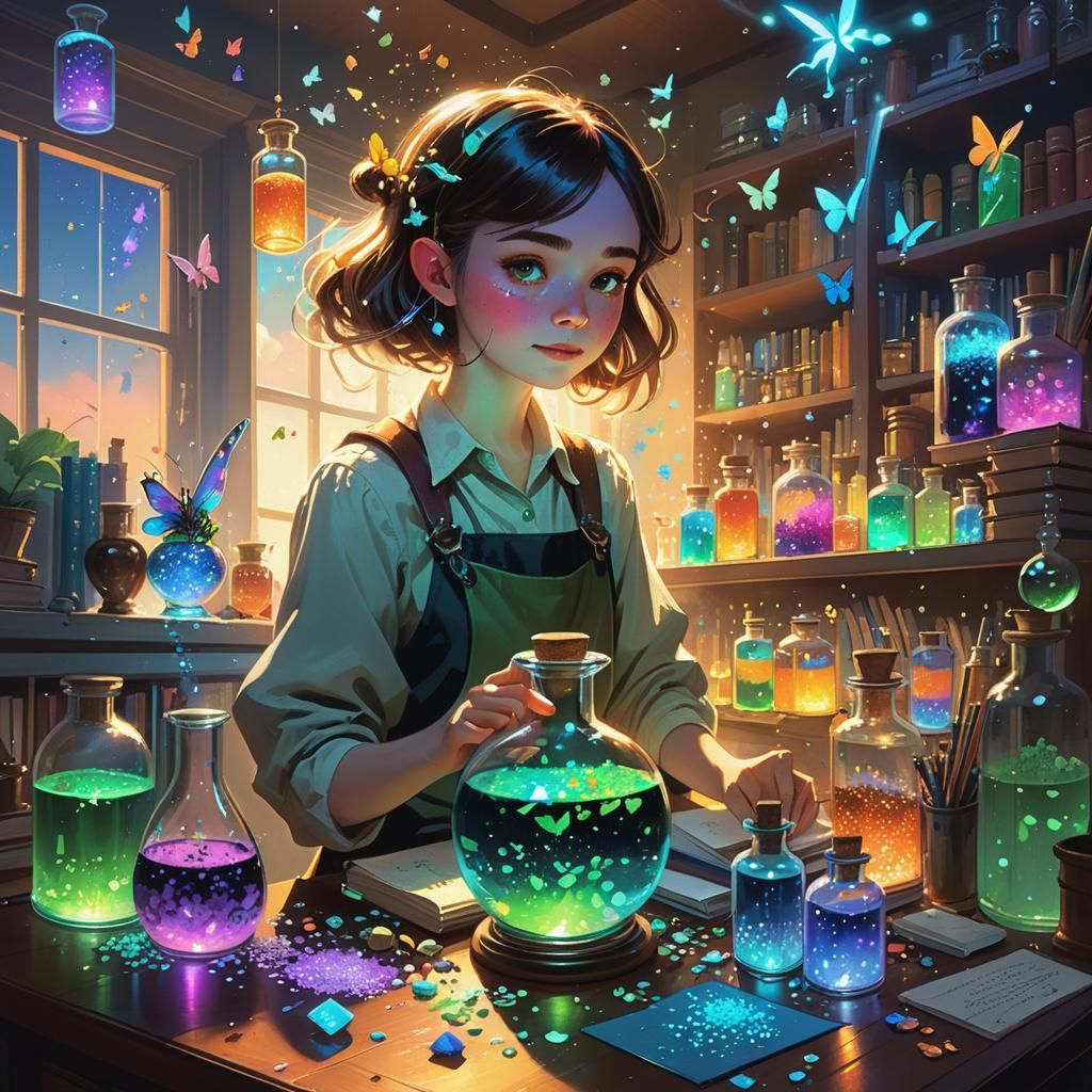 Rainbow Potions in Fairy Workshop, Fantasy Realism
