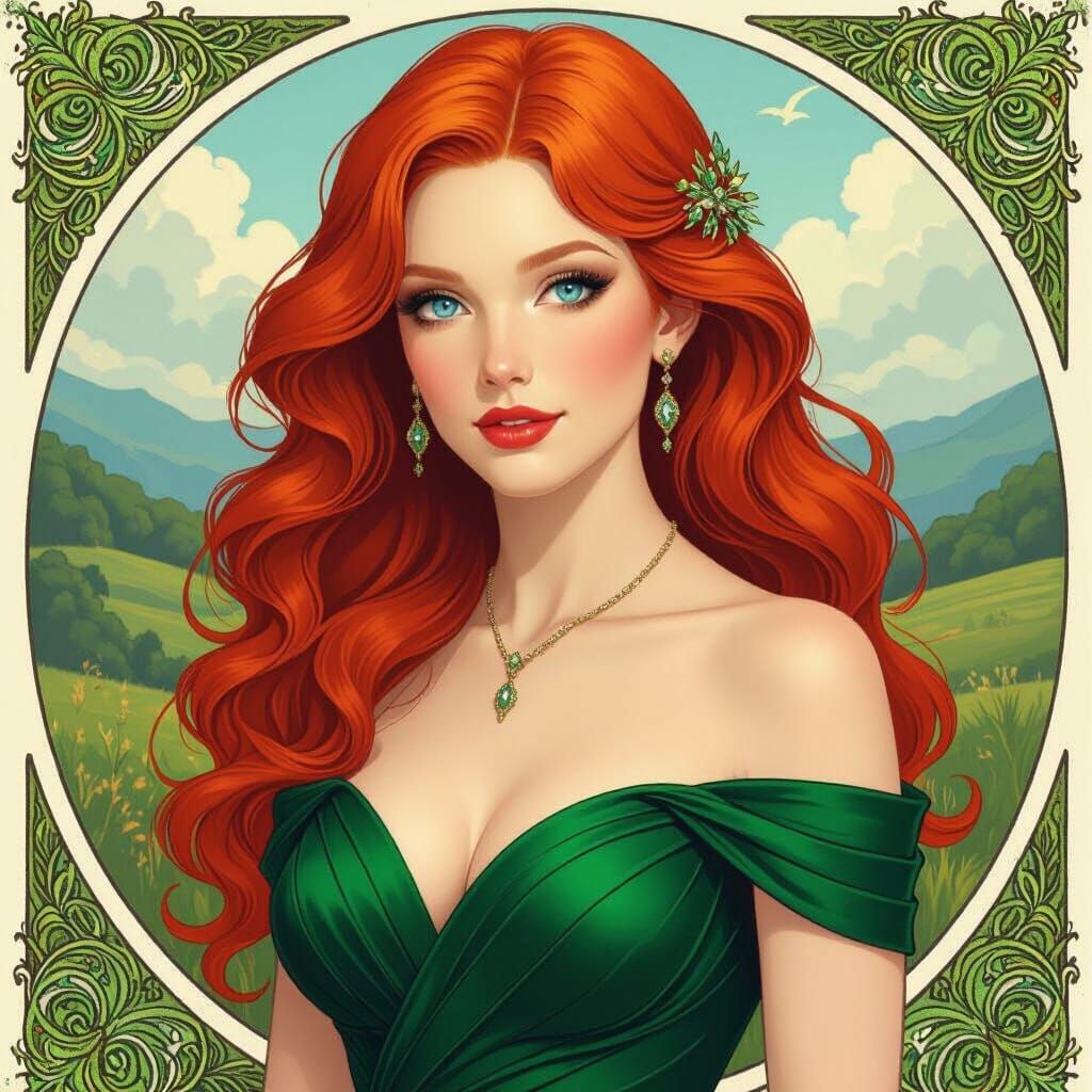 Red-Haired Woman in Emerald Dress, Art Nouveau Style