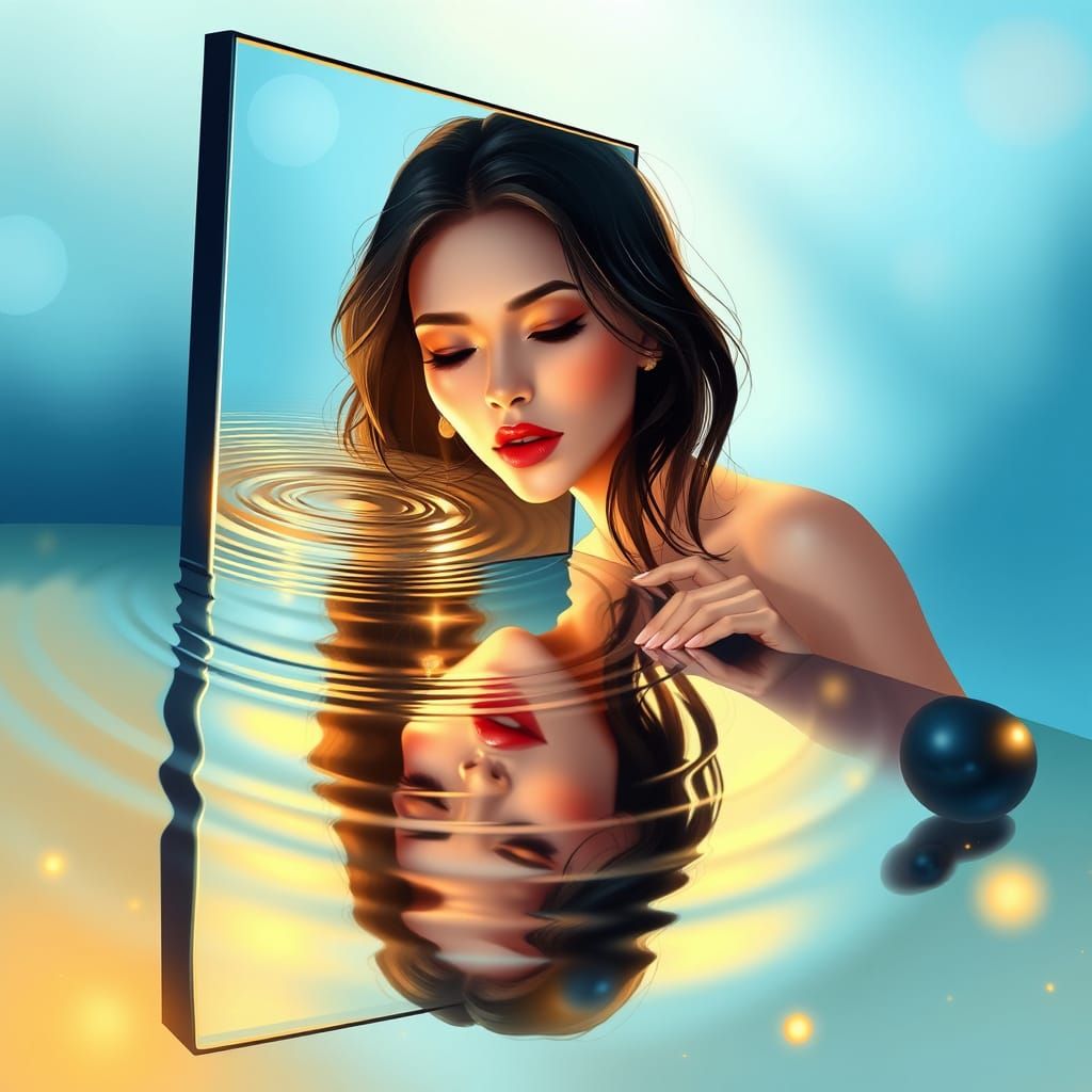 Elegant Woman Leans into Dreamlike Mirror Reflection in Vibr...