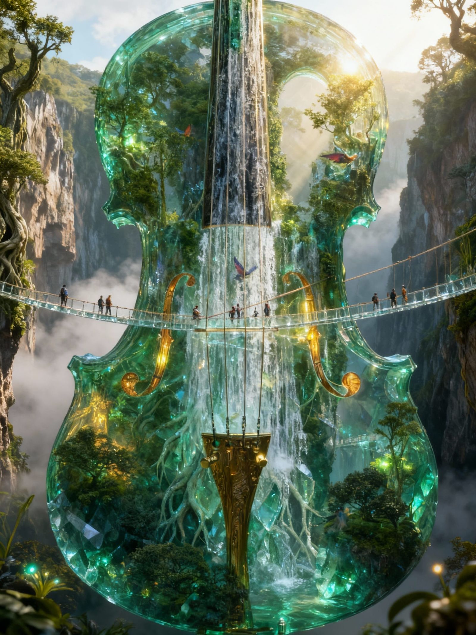 Emerald Violin Ecosystem with Crystal Waterfalls