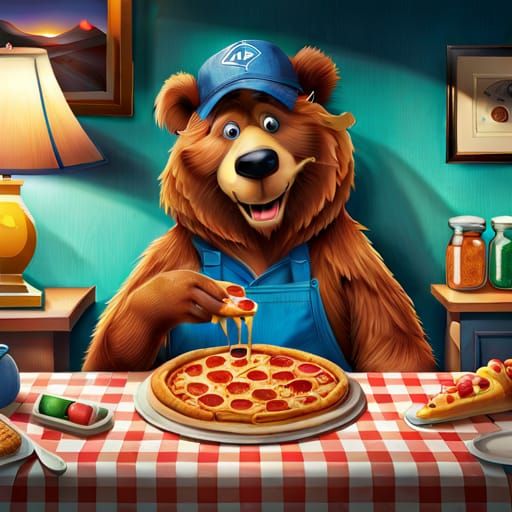 Bear, in the Big Blue House, eating Pizza.