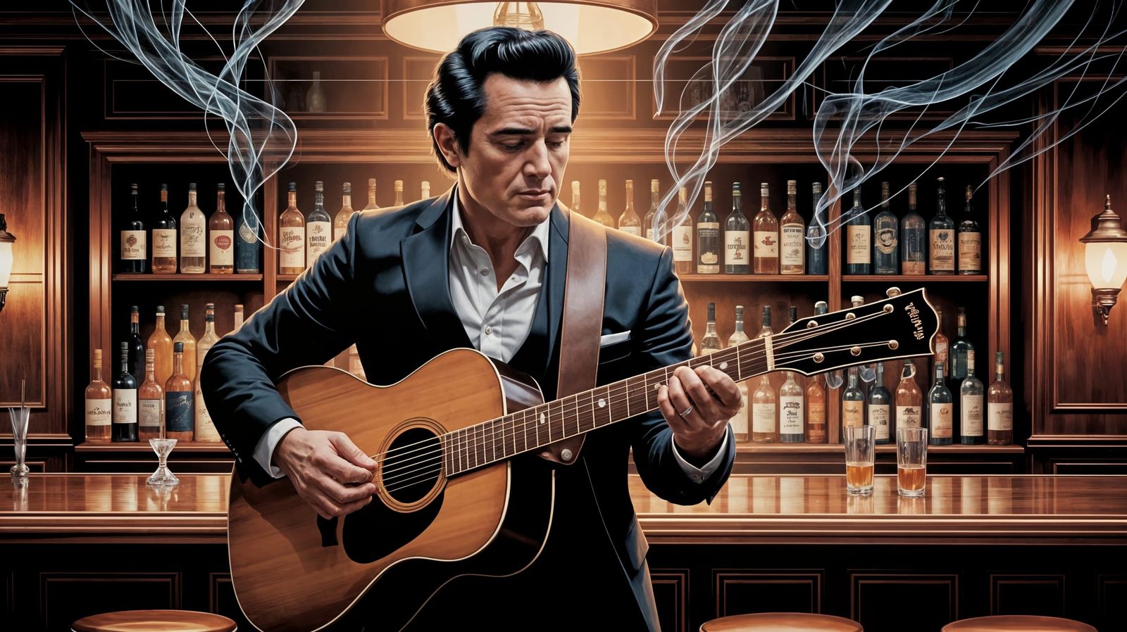 Johnny Cash Performs in a Dimly Lit Bar with Rustic Charm