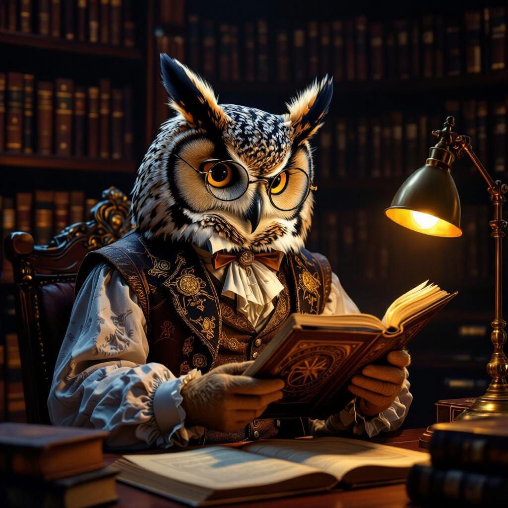 Owl Scholar Studies Astrolabe in Victorian Study