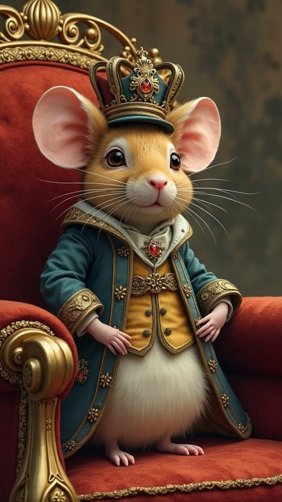 Regal Mouse Sits Upon Velvet Throne in Whimsical Fantasy Art