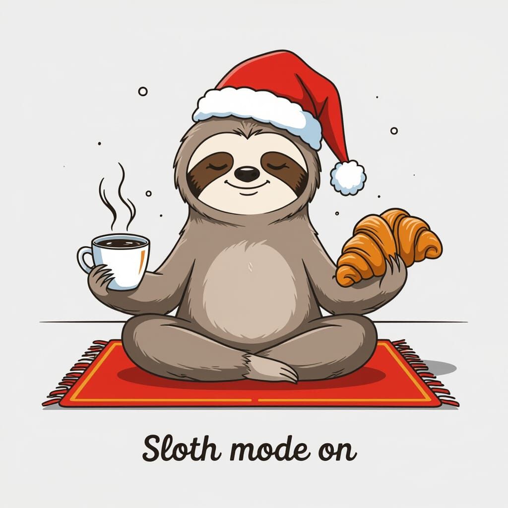Zen Sloth in Lotus Pose with Coffee and Croissant