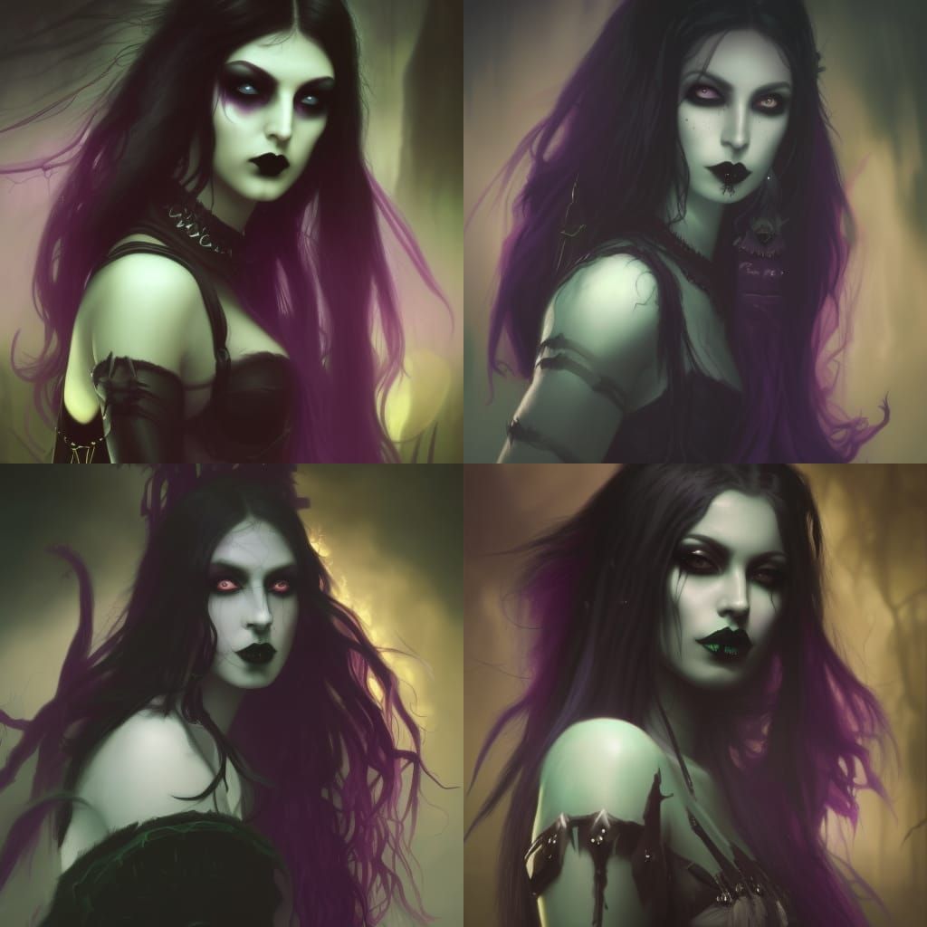 Ethereal Dark Elf with beautiful long black hair & dark purple skin& green eyes& black eyeshadow & black lipstick & goth...