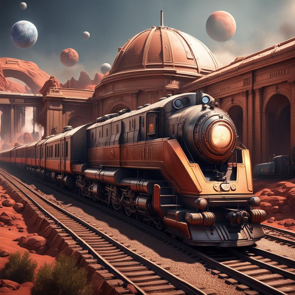 Steam Train Arriving at Martian Union Station