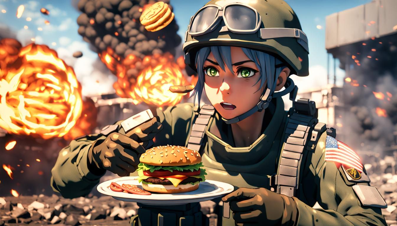 Anime Soldier Shields Burger from Explosion
