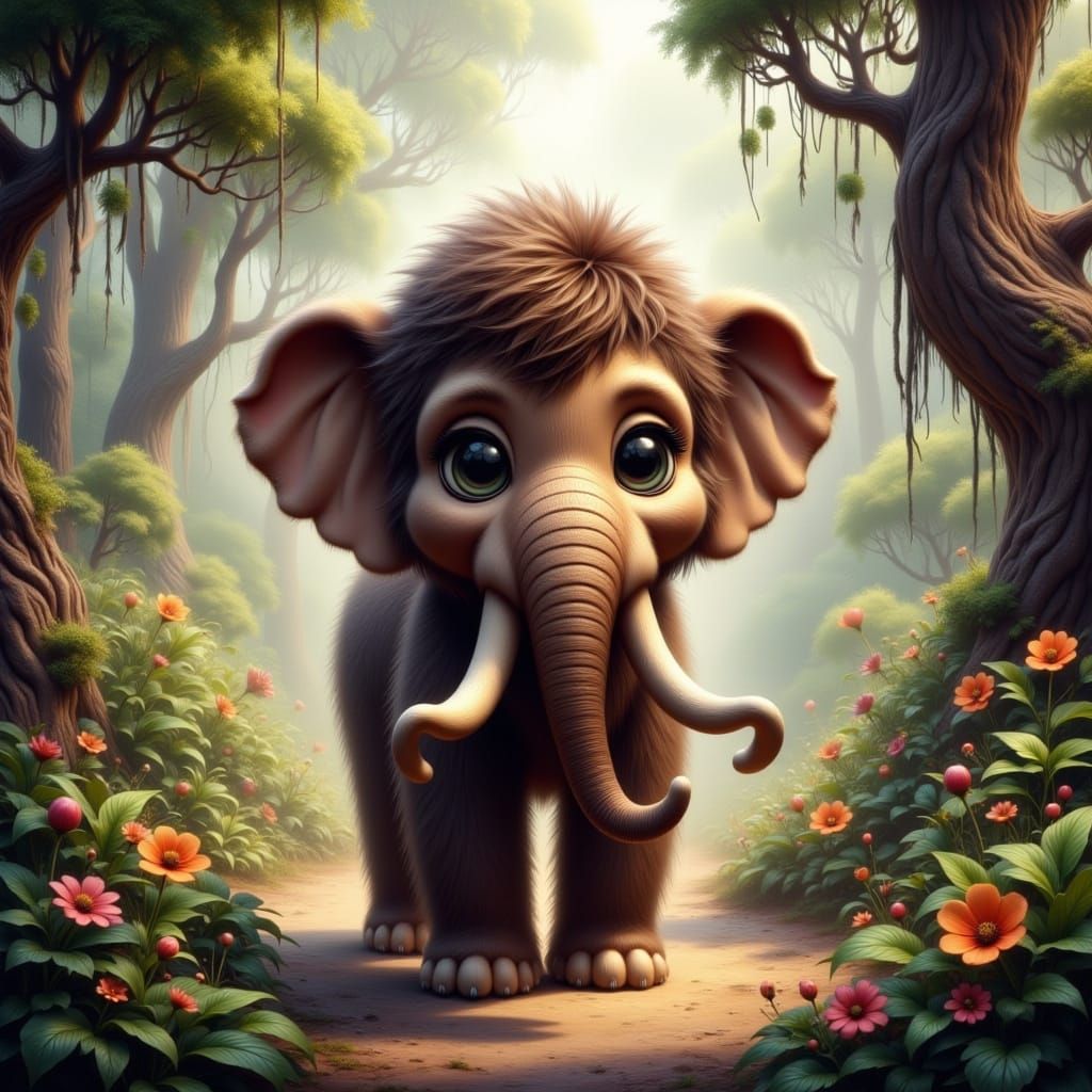 Whimsical Brown Woolly Mammoth in Bohemian Fantasy