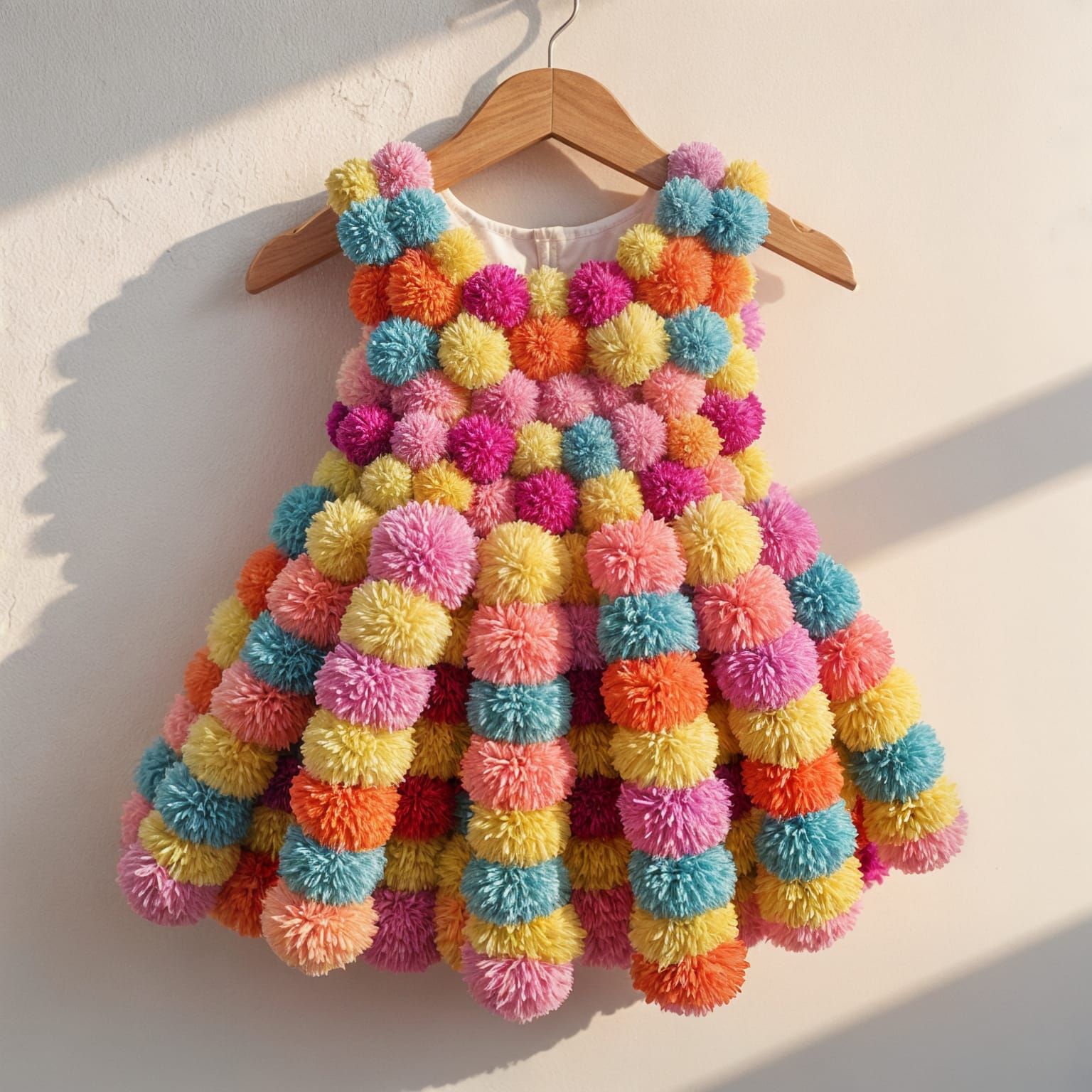 Rainbow Pom Pom Dress on White Hanger