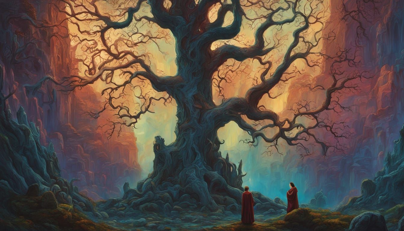 Colossal Tree in Ancient Ruins: Cosmic Gothic Art
