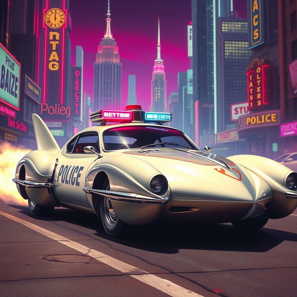Retro Rocket Police Car in Futuristic Steampunk Style