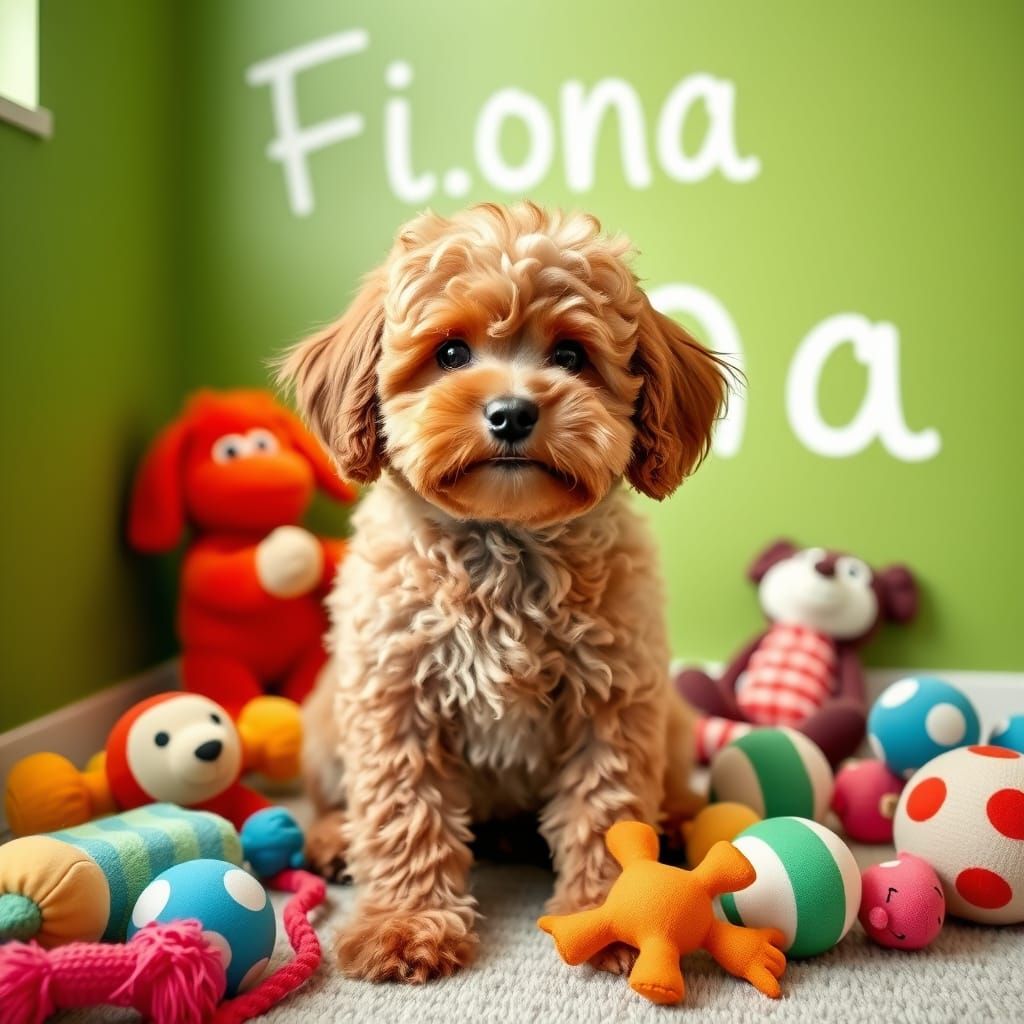 Create a meme of a cavapoo, dog toys around her, in a room t...