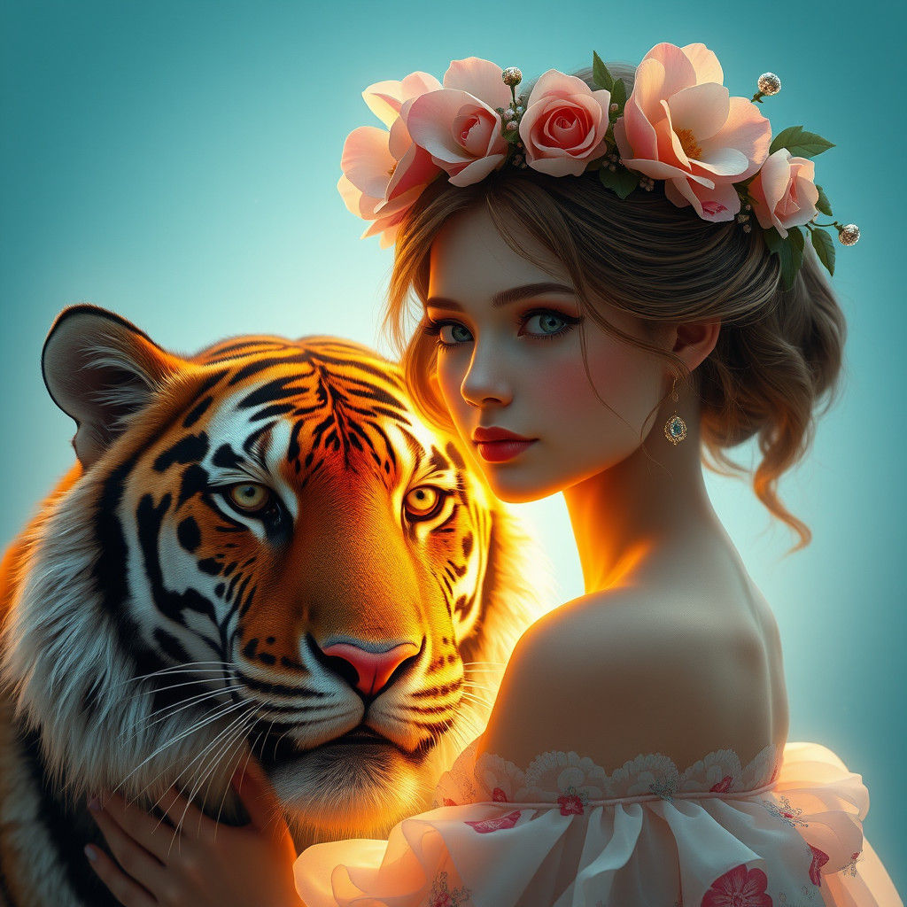 Ethereal Flower Girl and Tiger Portrait in Art Nouveau Style