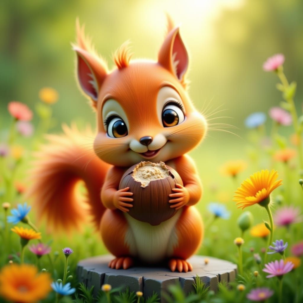 Cartoon Red Squirrel with Hazelnut in CGI Style