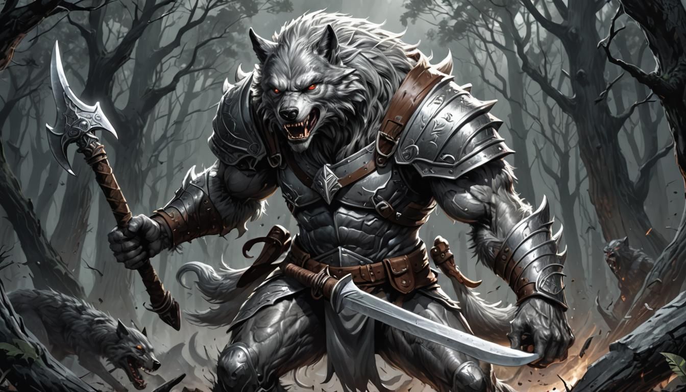 Grey Werewolf with Sabre and Axe in Comic Art