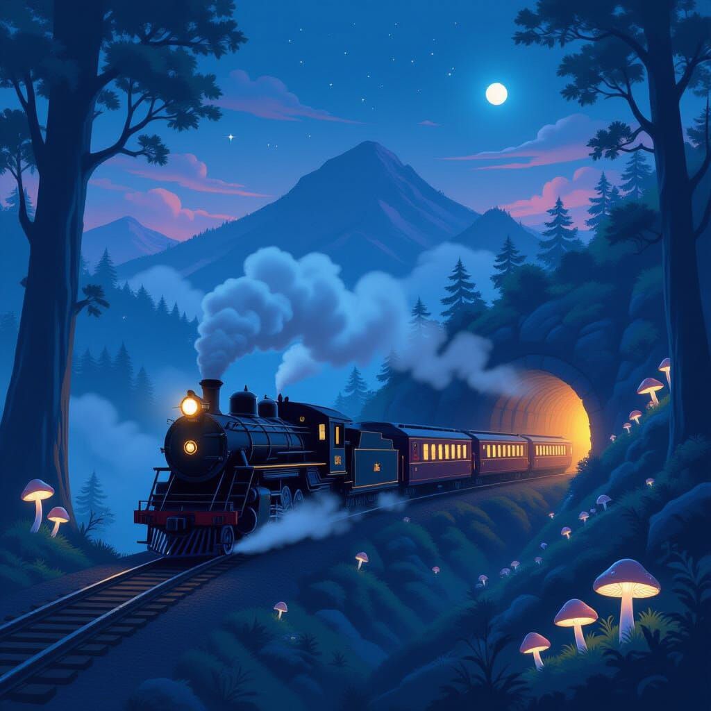 Mystical Train in Glowing Forest at Twilight