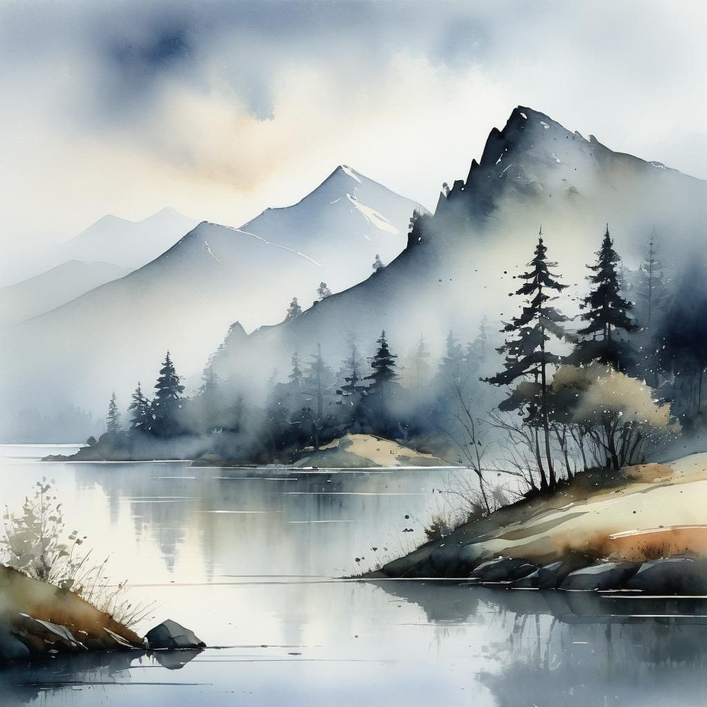 Misty Mountain Lake: Watercolor Landscape