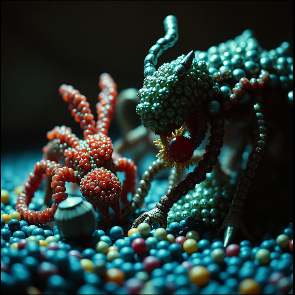 Intricate Beaded 3D Creatures in Cinematic Style