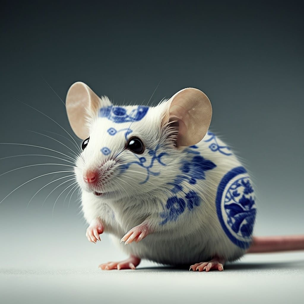 Surreal Indigo Porcelain Mouse with Minimalist Background