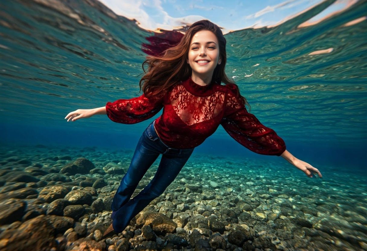 Surreal Underwater Scene with Joyful Brunette