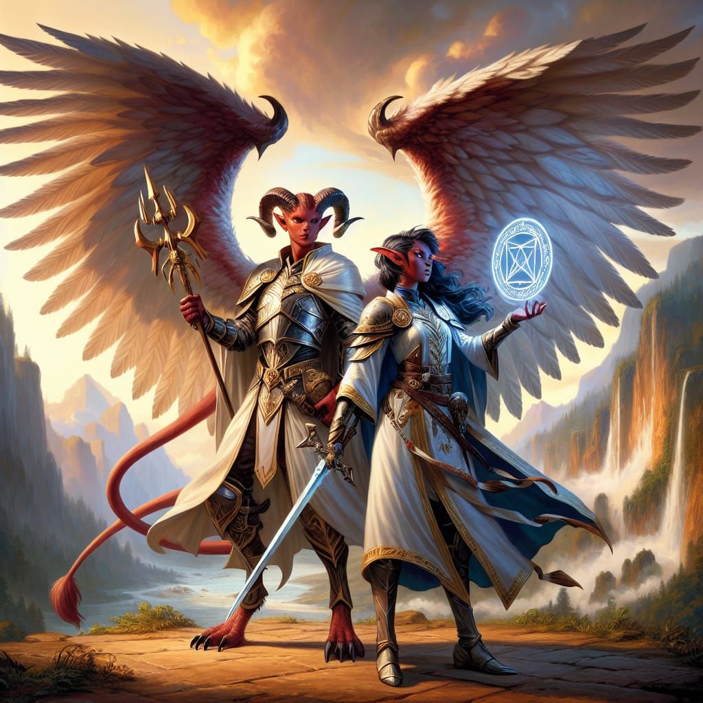 Winged Tiefling Twins: Cleric and Paladin